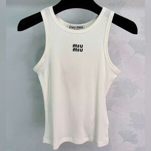 ✨ Miu Miu White Ribbed Logo Embroidered Cropped Tank Top